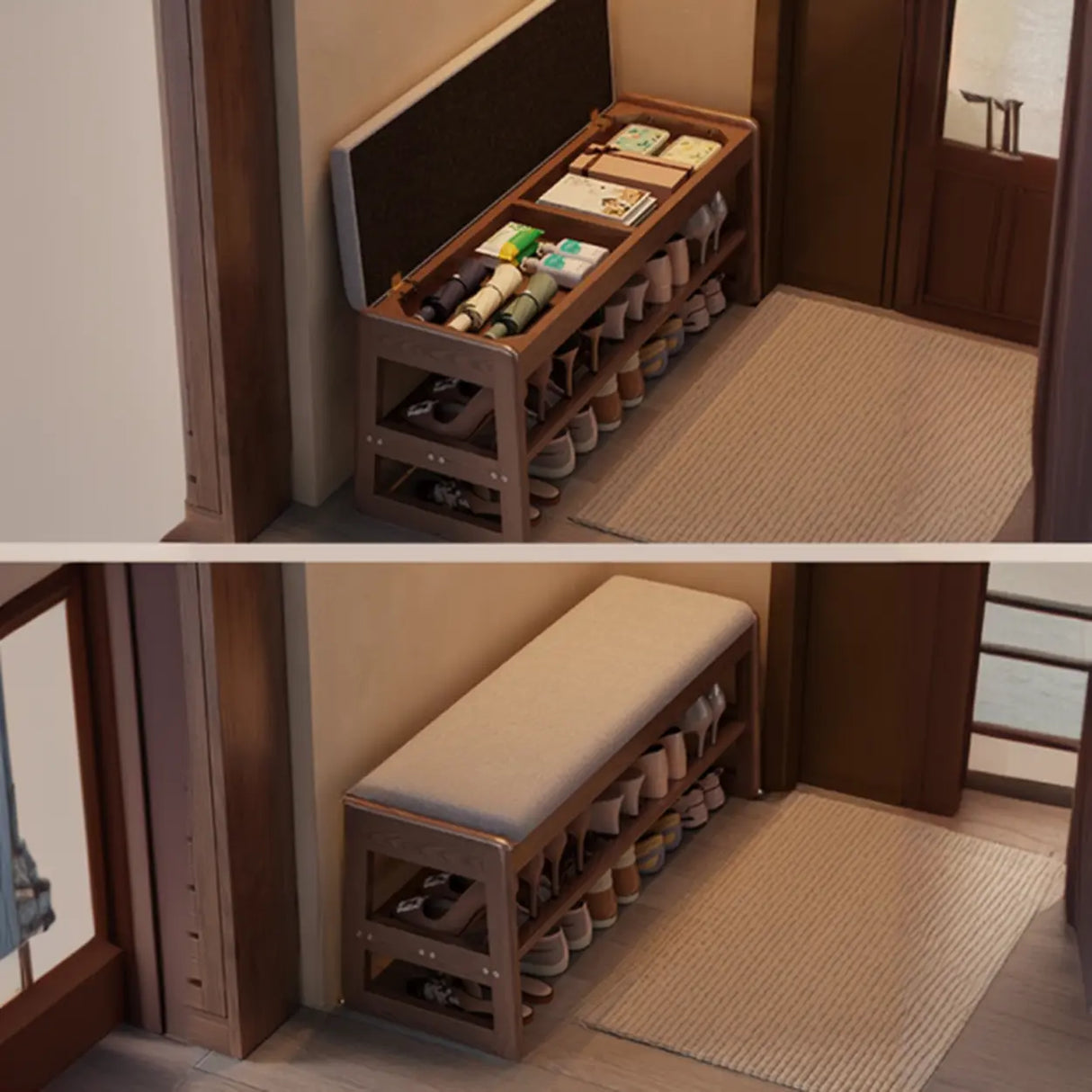 Modern Bench Wood Entryway Brown 2-Tier Shoe Storage Image - 15