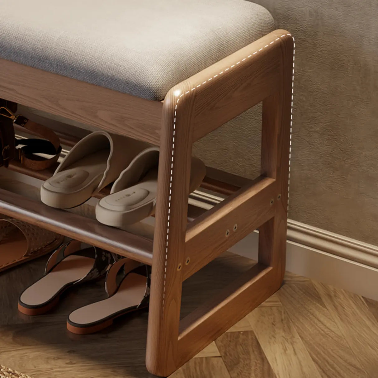 Modern Bench Wood Entryway Brown 2-Tier Shoe Storage Image - 17