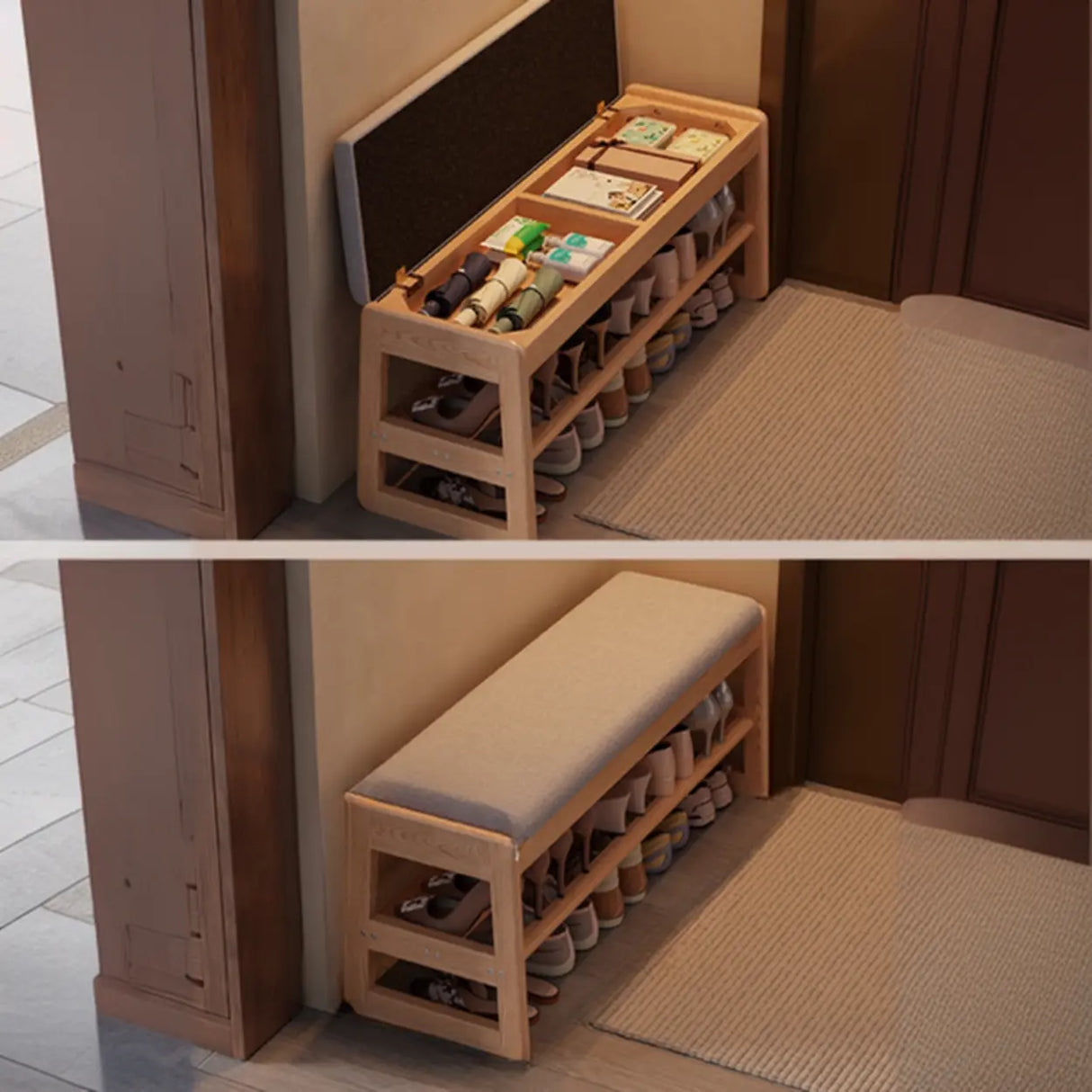 Modern Bench Wood Entryway Brown 2-Tier Shoe Storage Image - 18