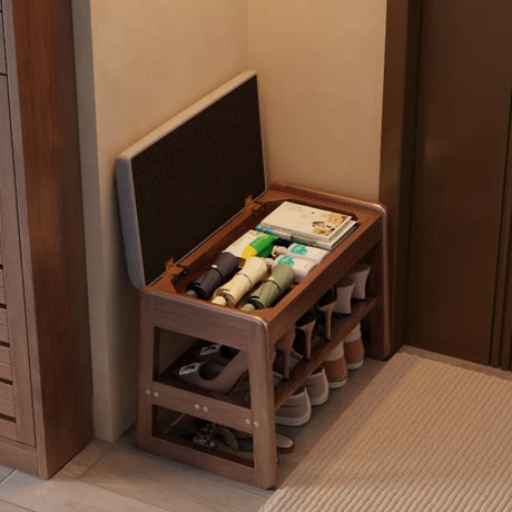 Modern Bench Wood Entryway Brown  2-Tier Shoe Storage Image - 1