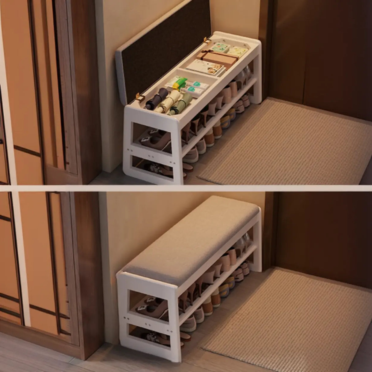 Modern Bench Wood Entryway Brown 2-Tier Shoe Storage Image - 20