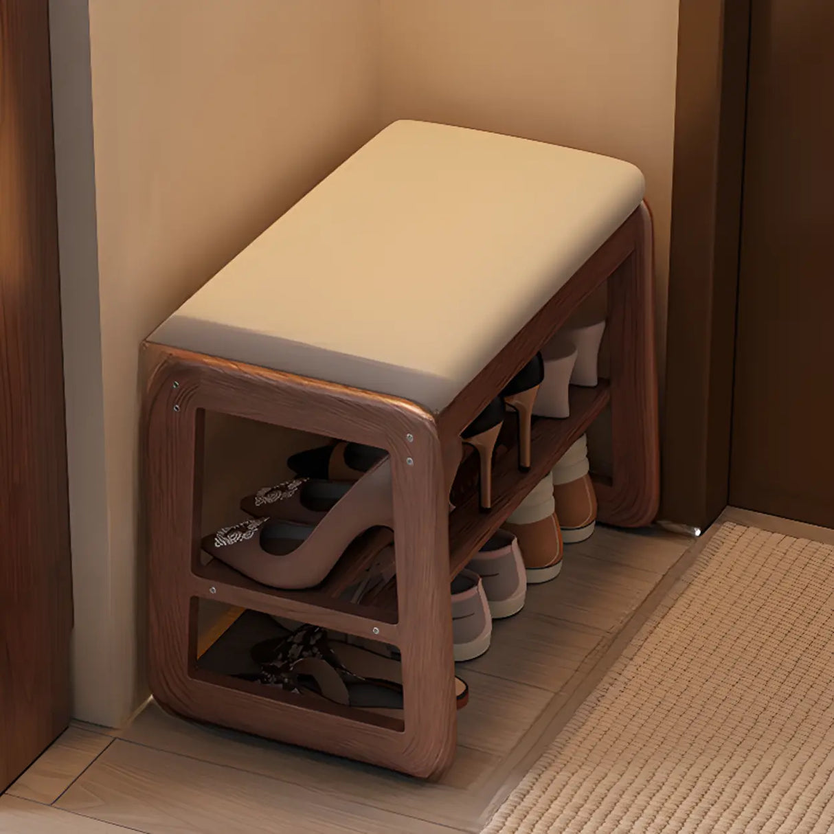 Modern Bench Wood Entryway Brown 2-Tier Shoe Storage Image - 21