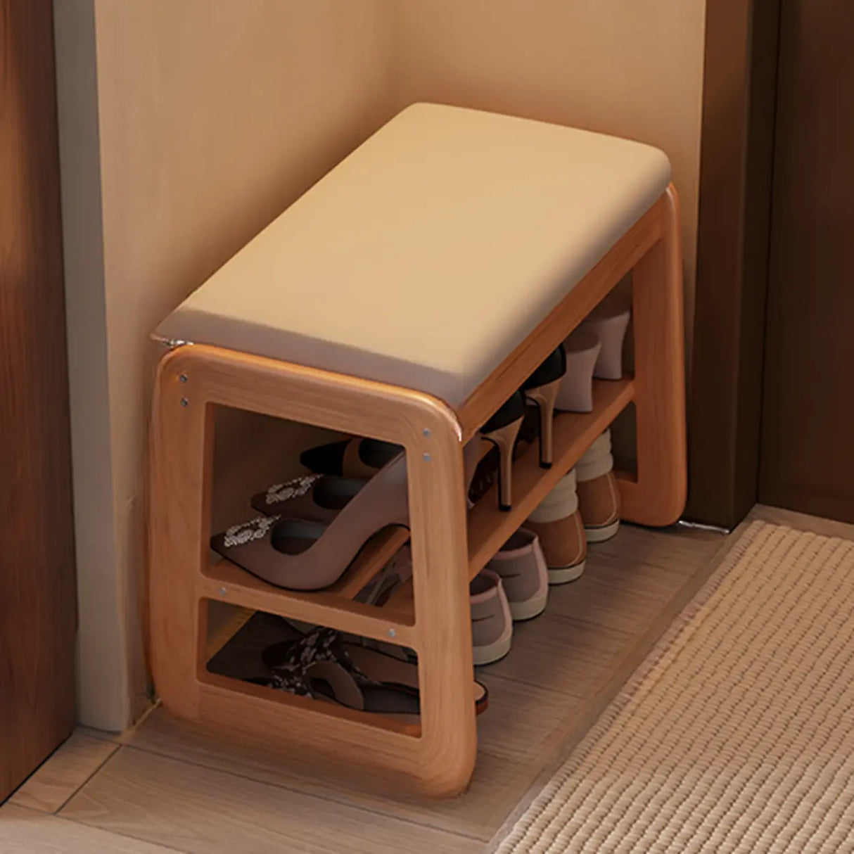 Modern Bench Wood Entryway Brown 2-Tier Shoe Storage Image - 22