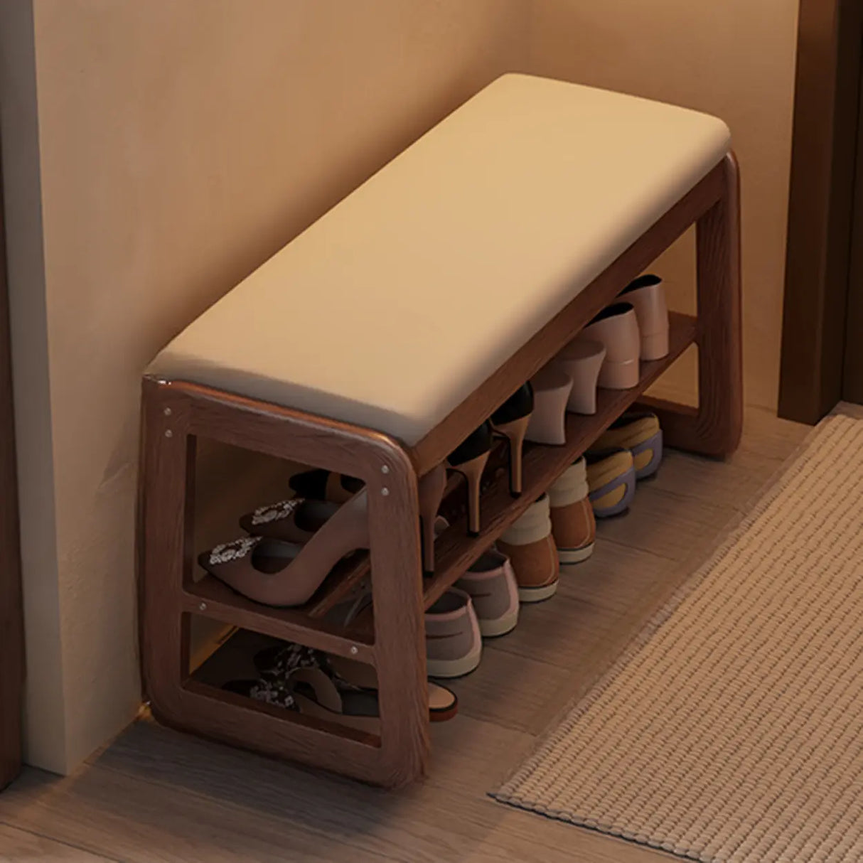 Modern Bench Wood Entryway Brown 2-Tier Shoe Storage Image - 23