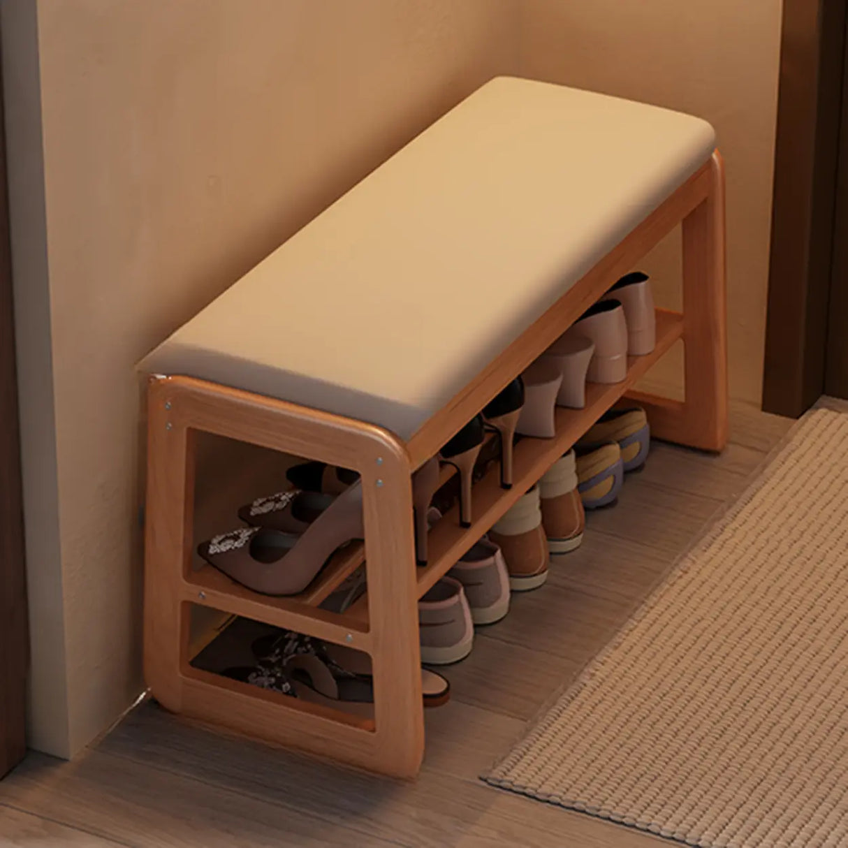 Modern Bench Wood Entryway Brown 2-Tier Shoe Storage Image - 24