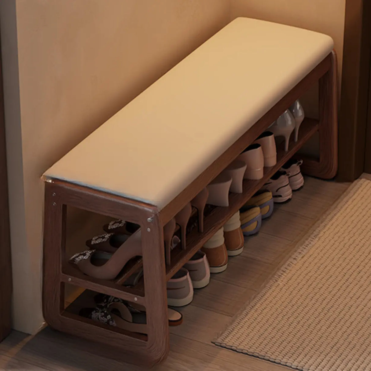 Modern Bench Wood Entryway Brown 2-Tier Shoe Storage Image - 25