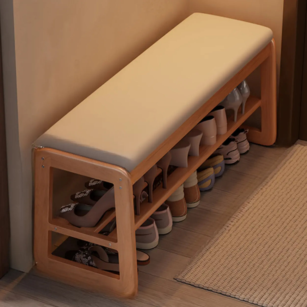 Modern Bench Wood Entryway Brown 2-Tier Shoe Storage Image - 26
