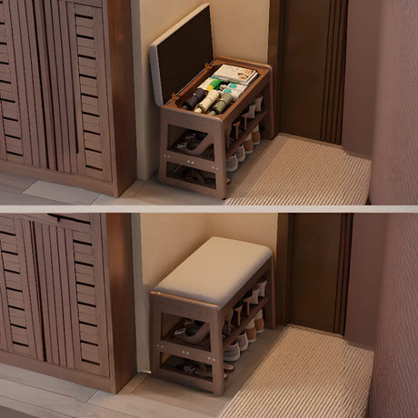 Modern Bench Wood Entryway Brown  2-Tier Shoe Storage Image - 2