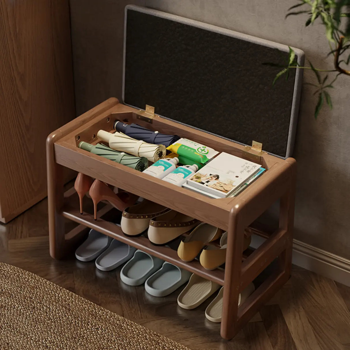 Modern Bench Wood Entryway Brown 2-Tier Shoe Storage Image - 3