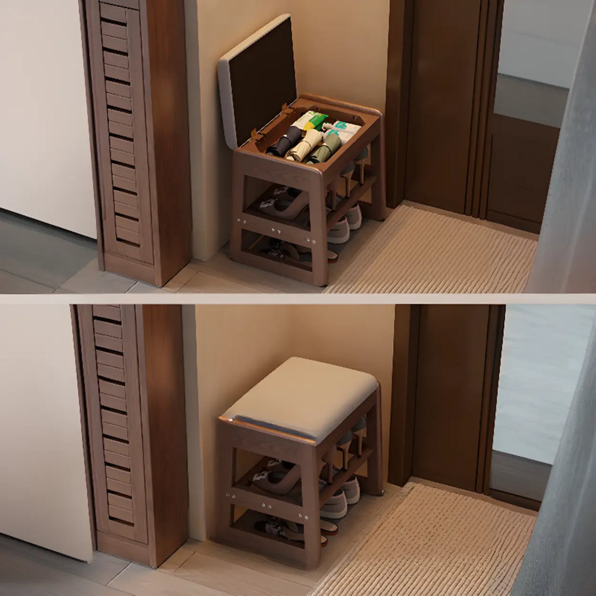 Modern Bench Wood Entryway Brown 2-Tier Shoe Storage Image - 4