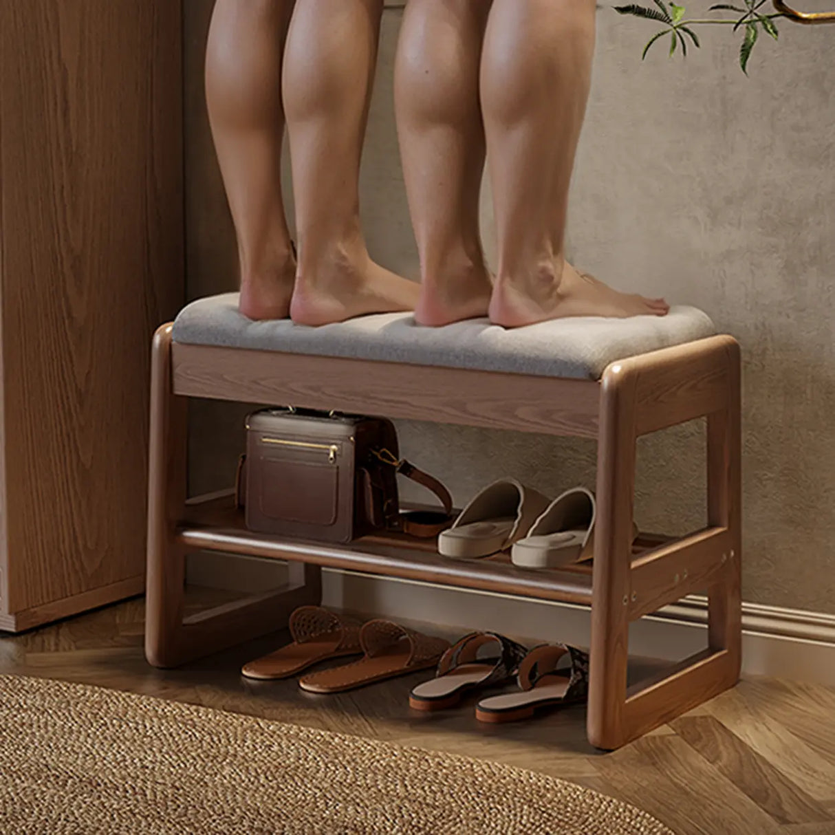 Modern Bench Wood Entryway Brown 2-Tier Shoe Storage Image - 5