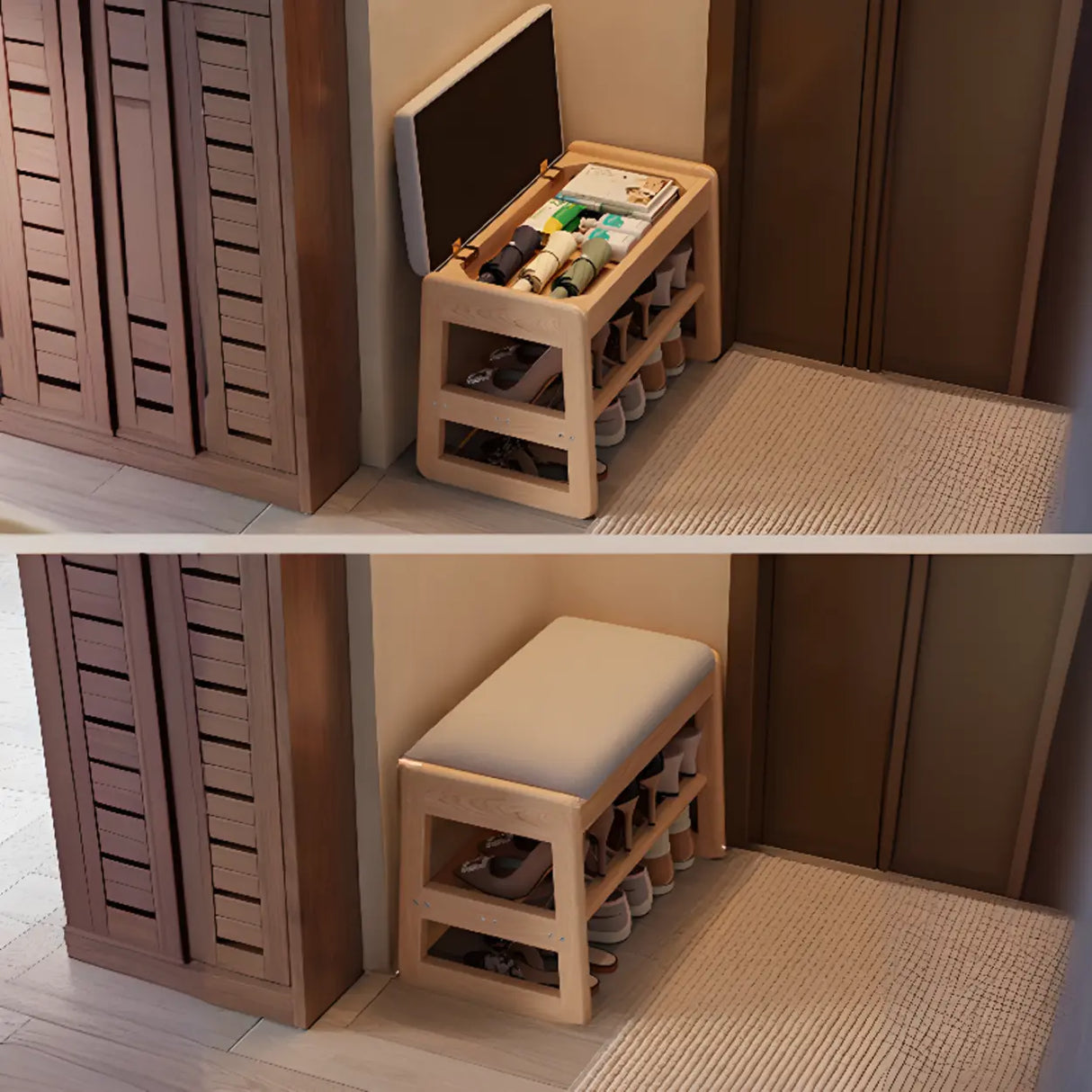 Modern Bench Wood Entryway Brown 2-Tier Shoe Storage Image - 6