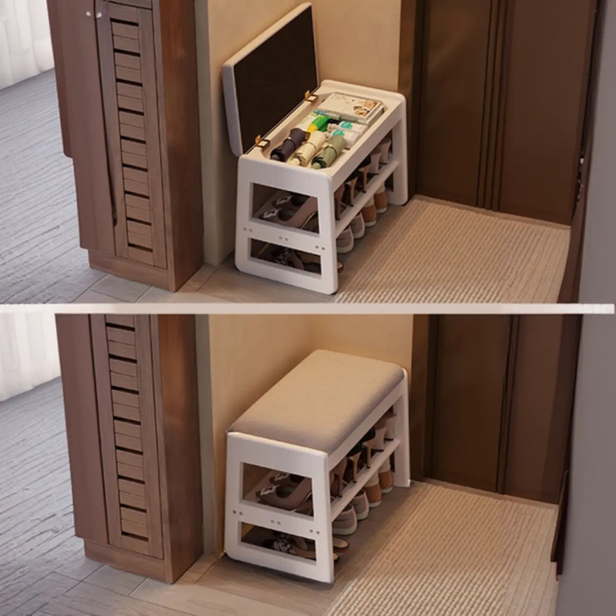 Modern Bench Wood Entryway Brown 2-Tier Shoe Storage Image - 7