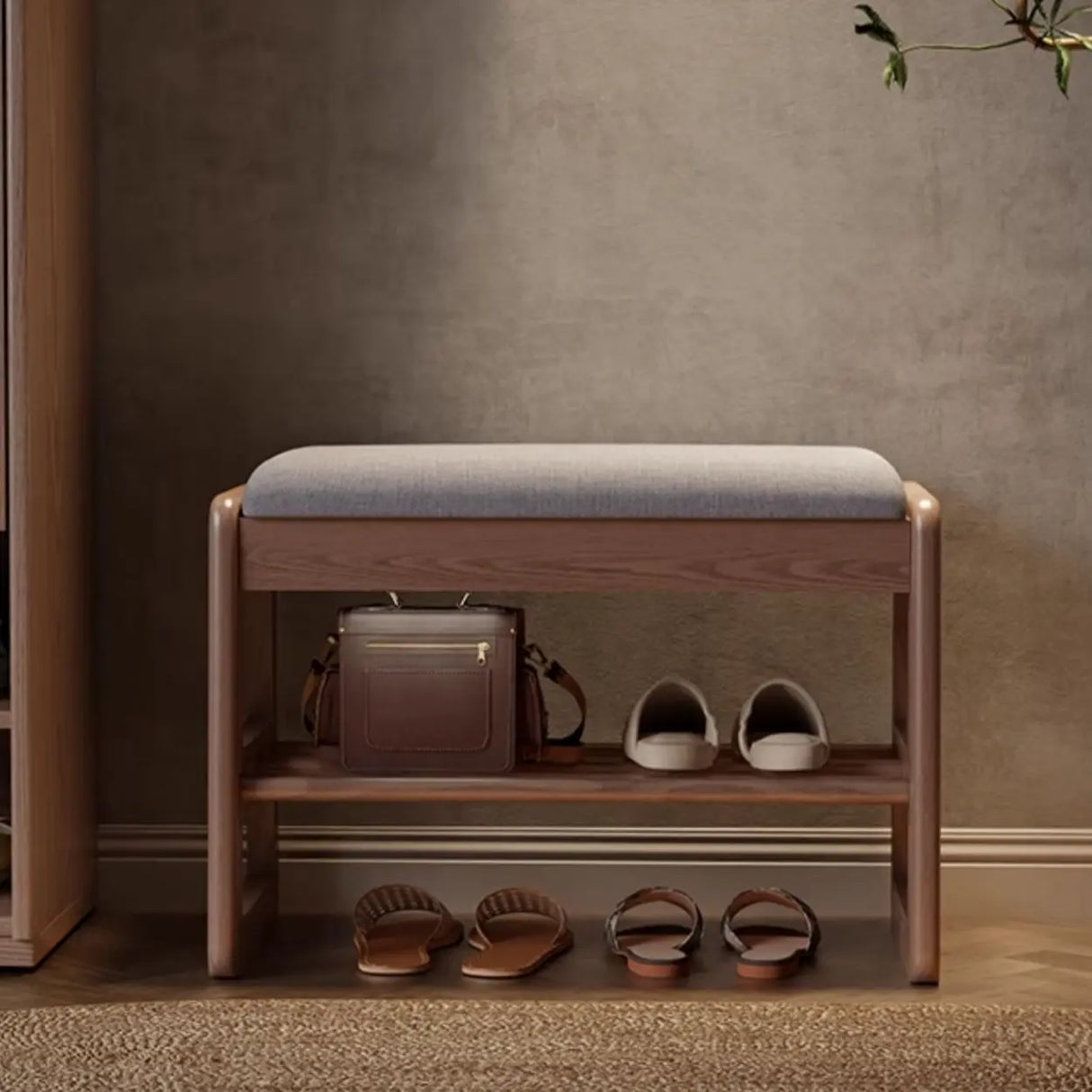 Modern Bench Wood Entryway Brown 2-Tier Shoe Storage Image - 8