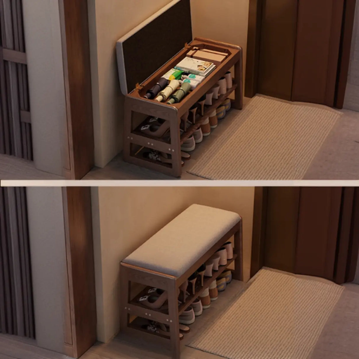 Modern Bench Wood Entryway Brown 2-Tier Shoe Storage Image - 9