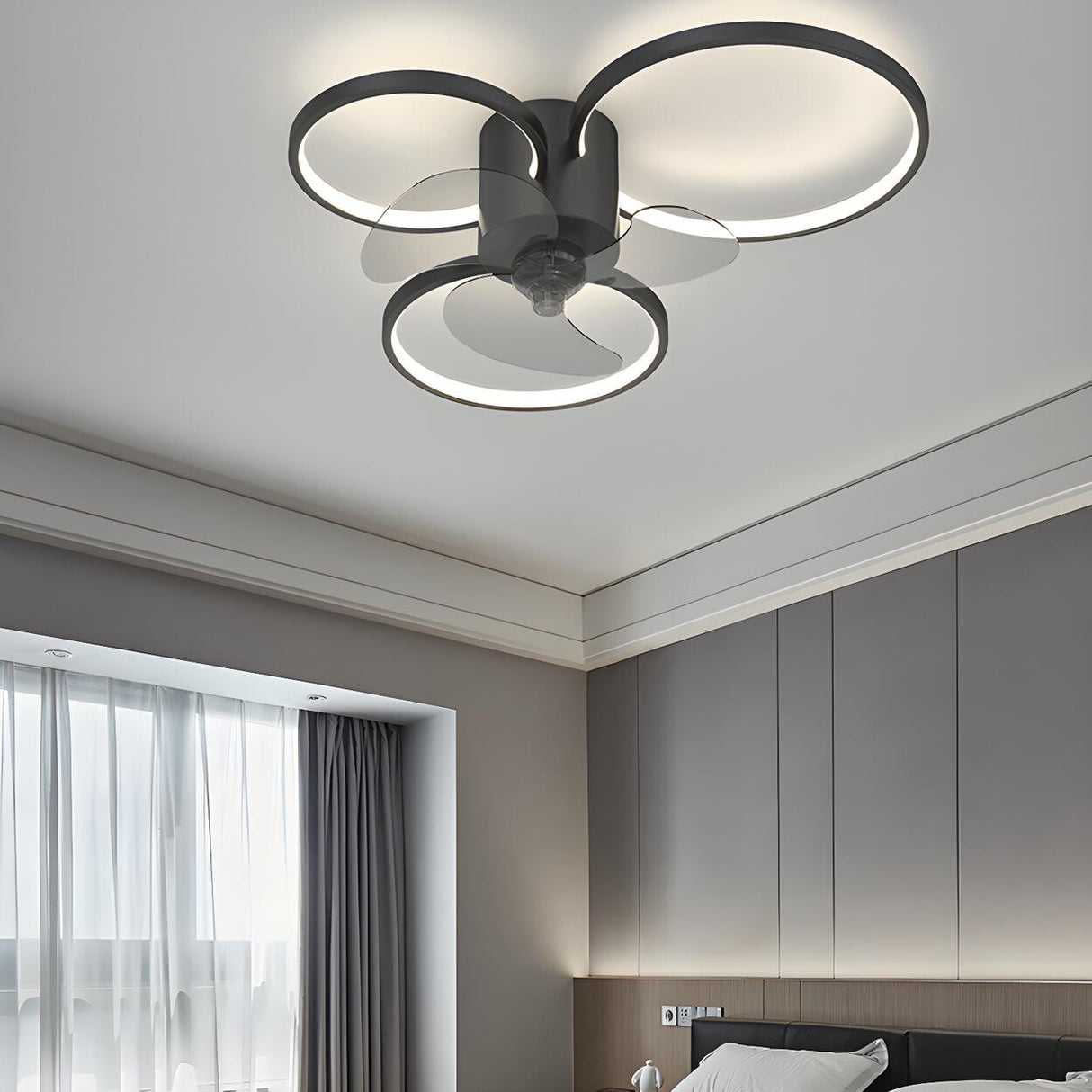 Modern Black 3-Ring Geometric Ceiling Fan with Light Image - 1