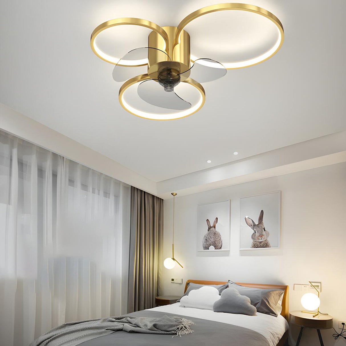 Modern Black 3-Ring Geometric Ceiling Fan with Light Image - 15