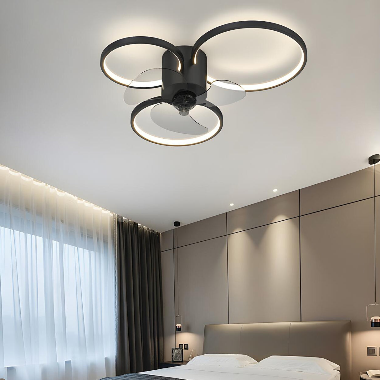 Modern Black 3-Ring Geometric Ceiling Fan with Light Image - 17