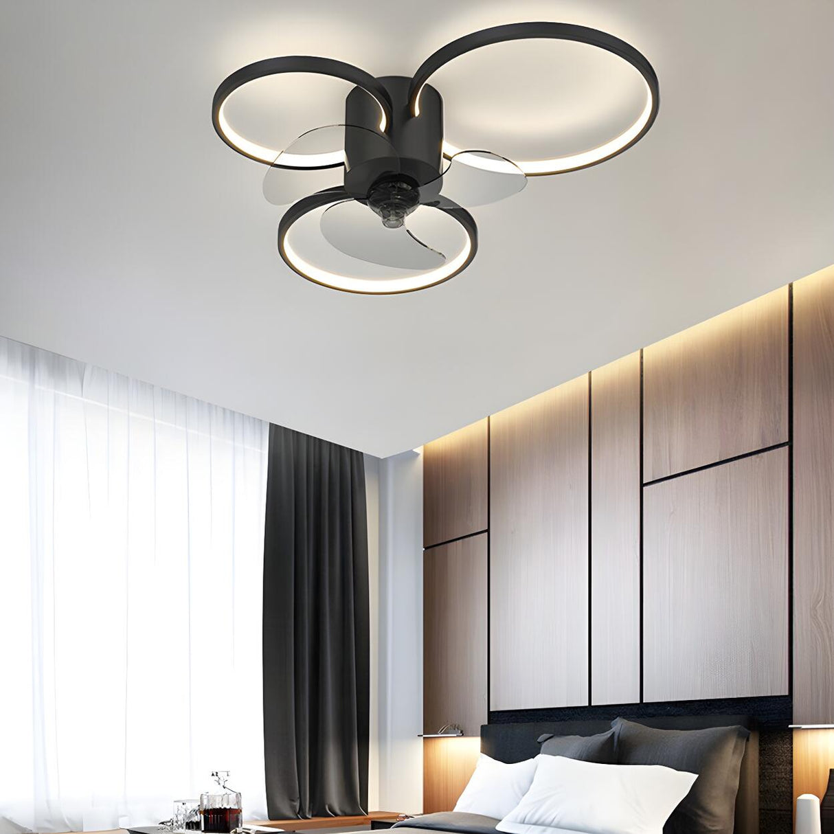 Modern Black 3-Ring Geometric Ceiling Fan with Light Image - 19