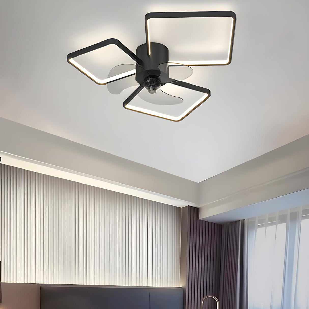 Modern Black 3-Ring Geometric Ceiling Fan with Light Image - 20