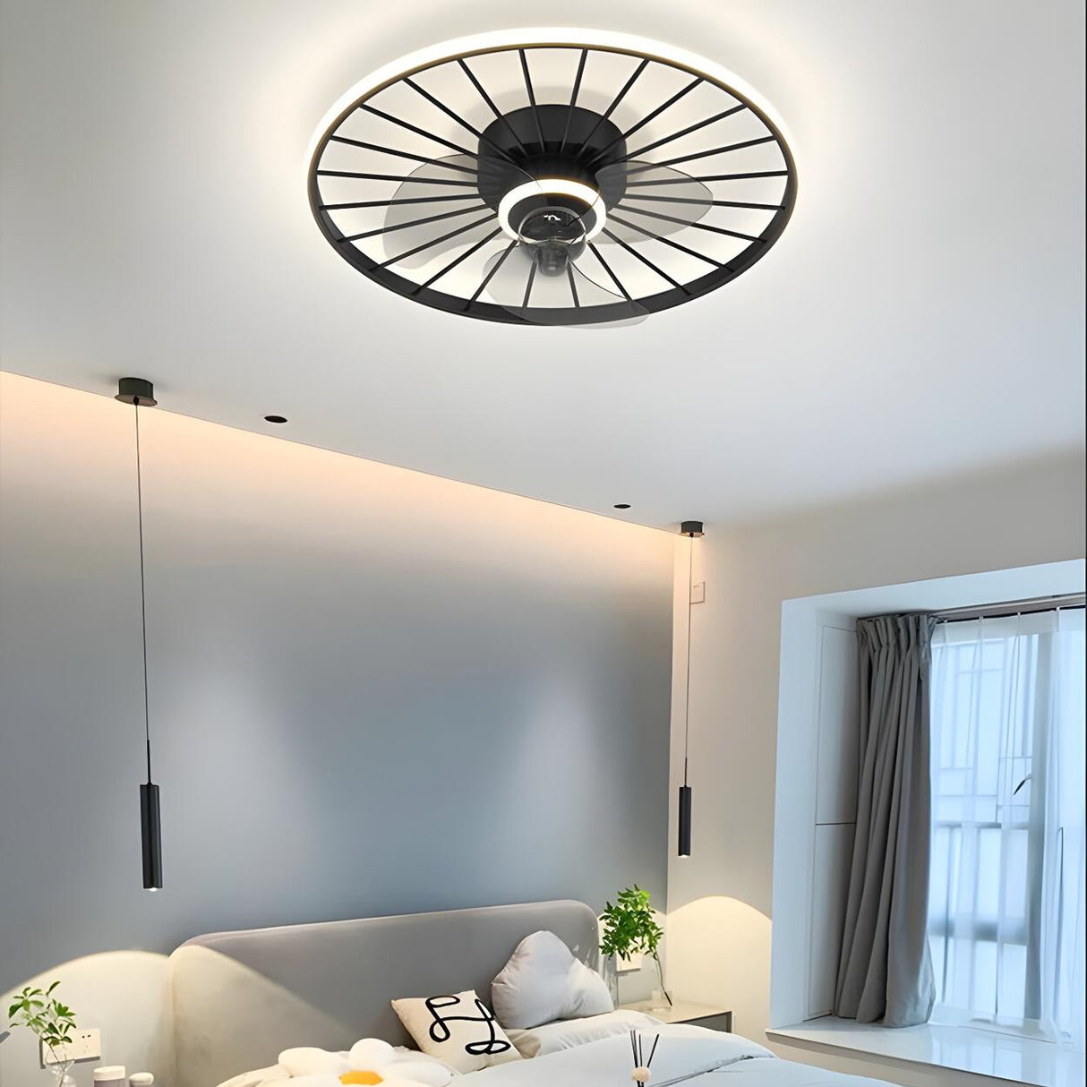 Modern Black 3-Ring Geometric Ceiling Fan with Light Image - 21