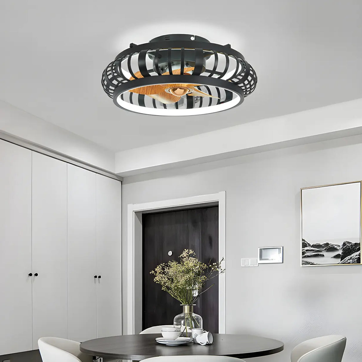 Modern Black 5 Blades Creative Cage Ceiling Fan Light Image - 2