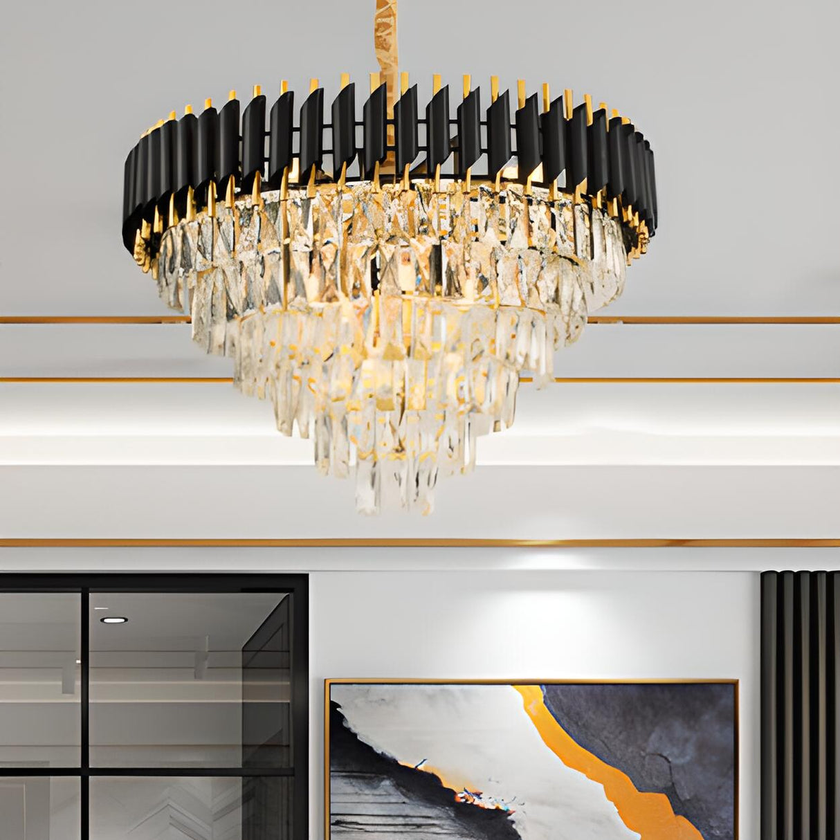 Modern Black and Clear Crystal Tiered Chandelier Image - 12