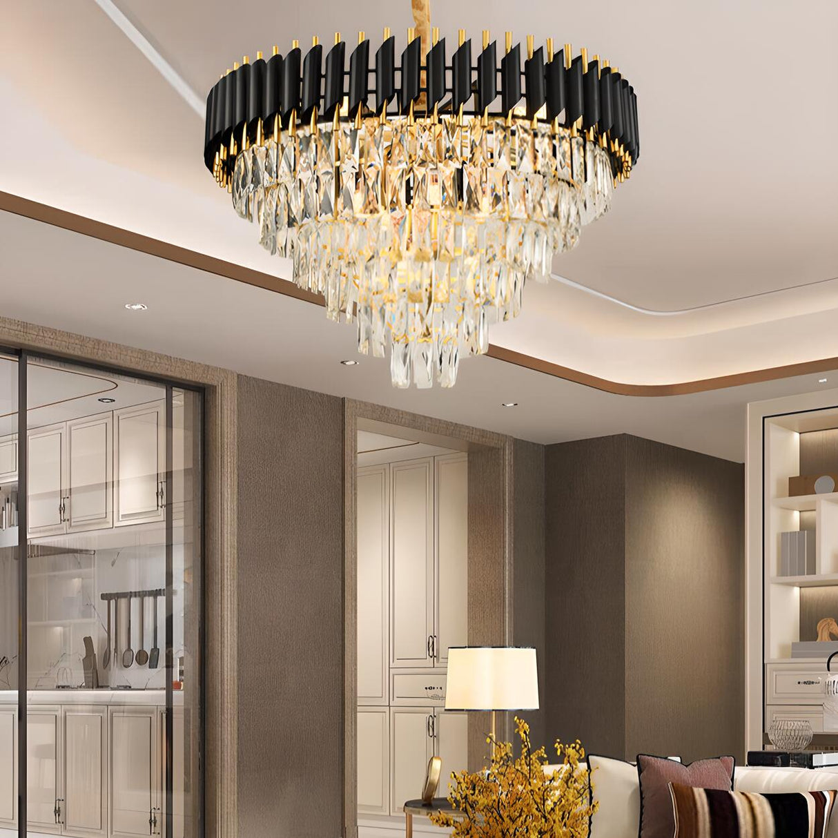 Modern Black and Clear Crystal Tiered Chandelier Image - 4