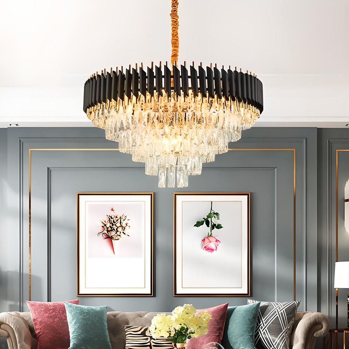 Modern Black and Clear Crystal Tiered Chandelier Image - 5