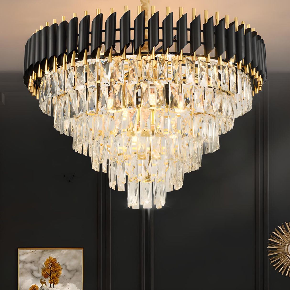 Modern Black and Clear Crystal Tiered Chandelier Image - 6