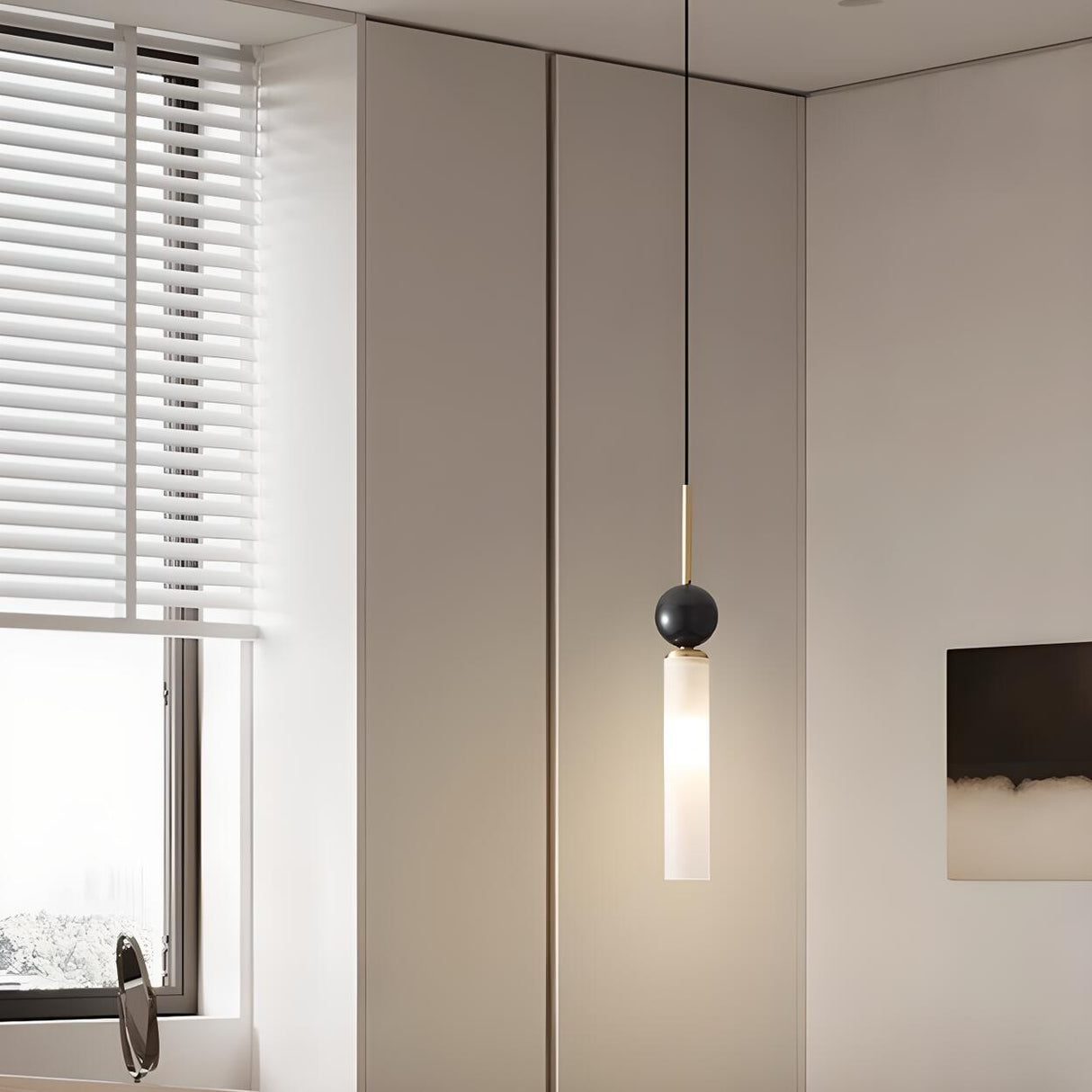 Modern Black Ball White Cylinder Acrylic Pendant Light Image - 8