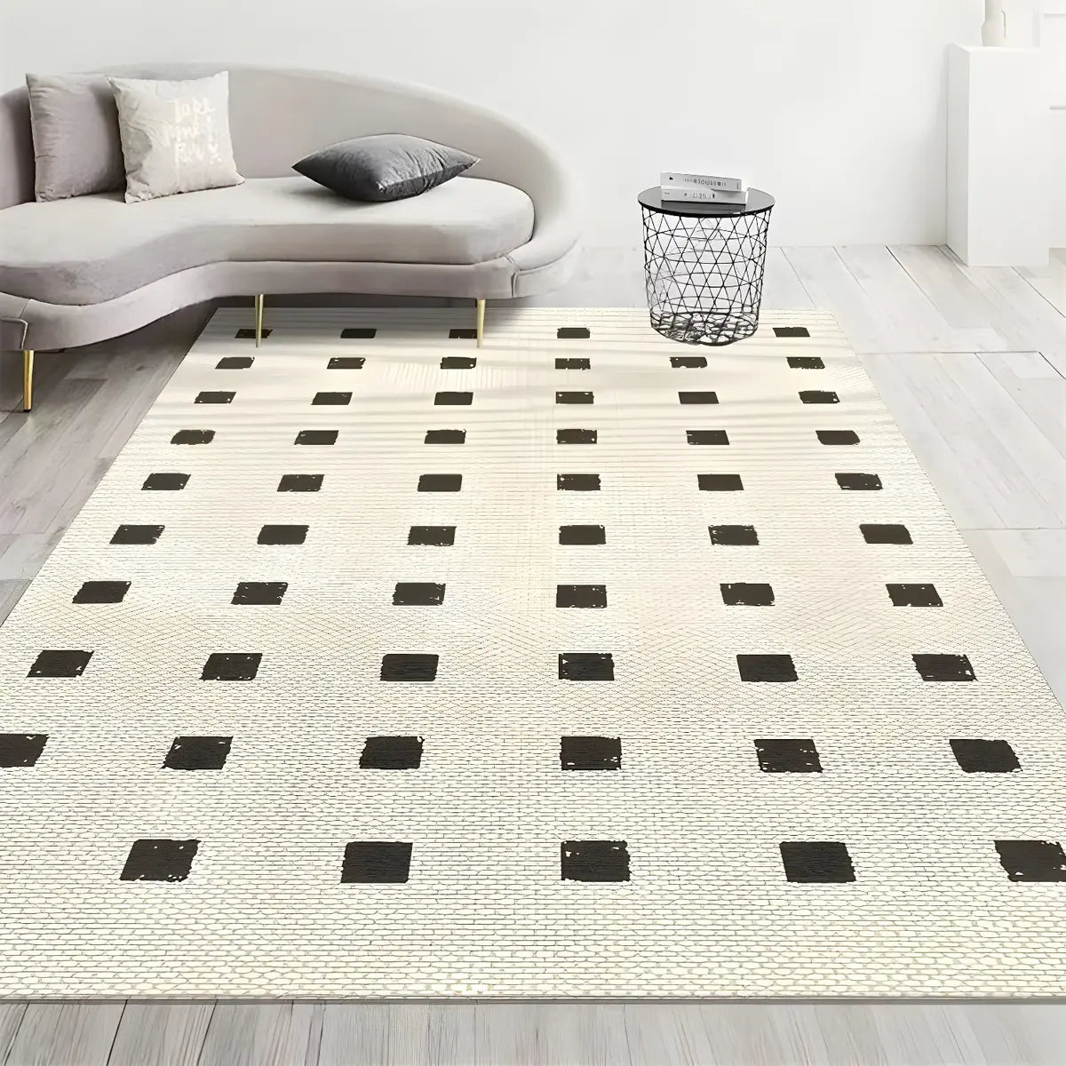 Modern Black Checkered Polypropylene Cream Area Rug Image - 12