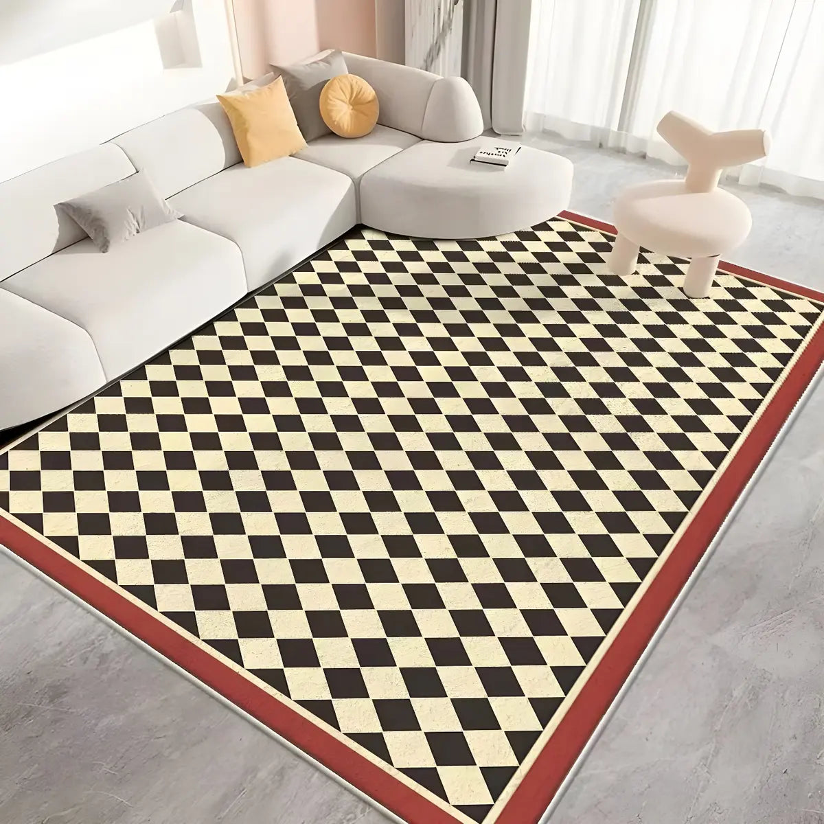 Modern Black Checkered Polypropylene Cream Area Rug Image - 2