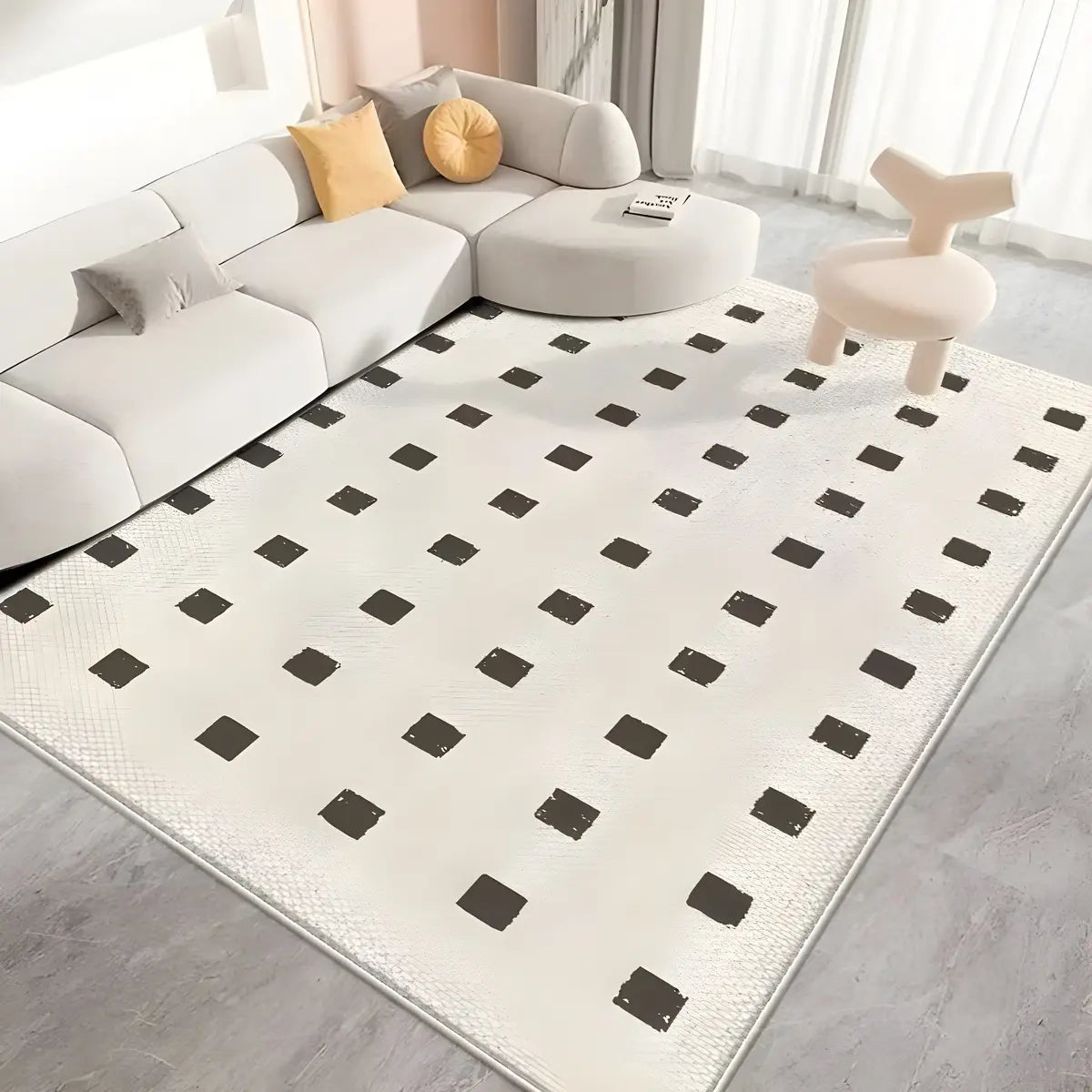Modern Black Checkered Polypropylene Cream Area Rug Image - 4
