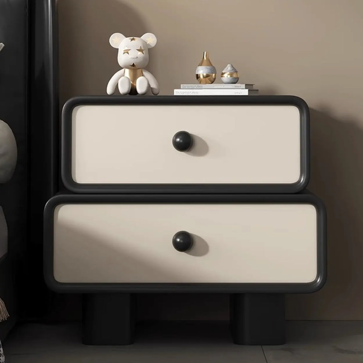 Modern Black Cream Leather 2-Tier Nightstand with Drawers Image - 1