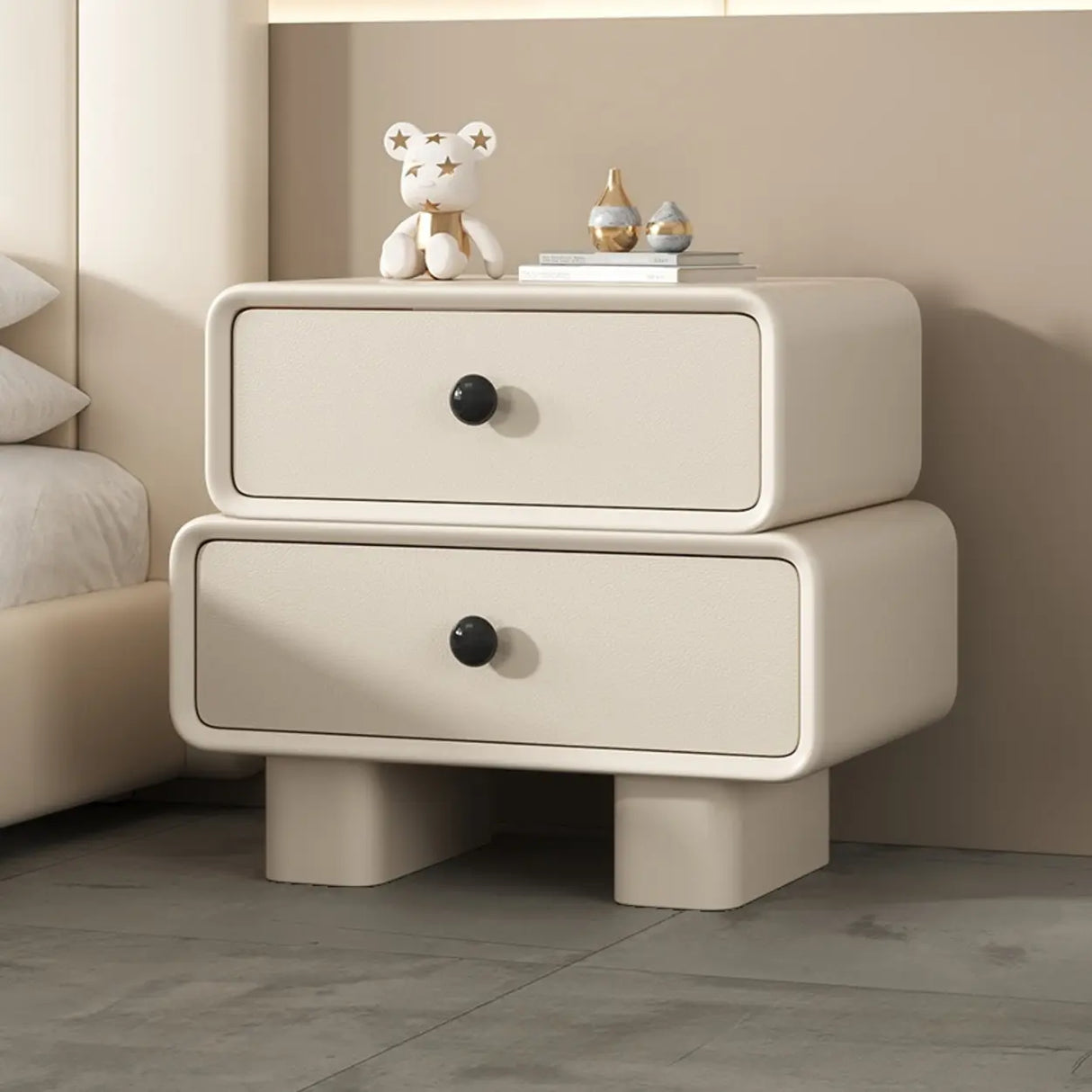 Modern Black Cream Leather 2-Tier Nightstand with Drawers Image - 11