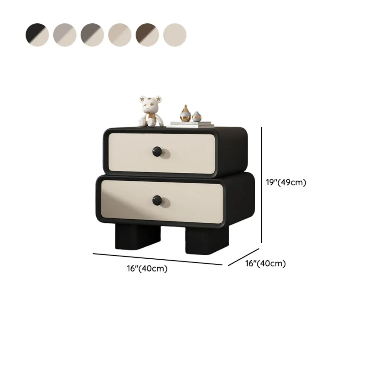 Modern Black Cream Leather 2-Tier Nightstand with Drawers