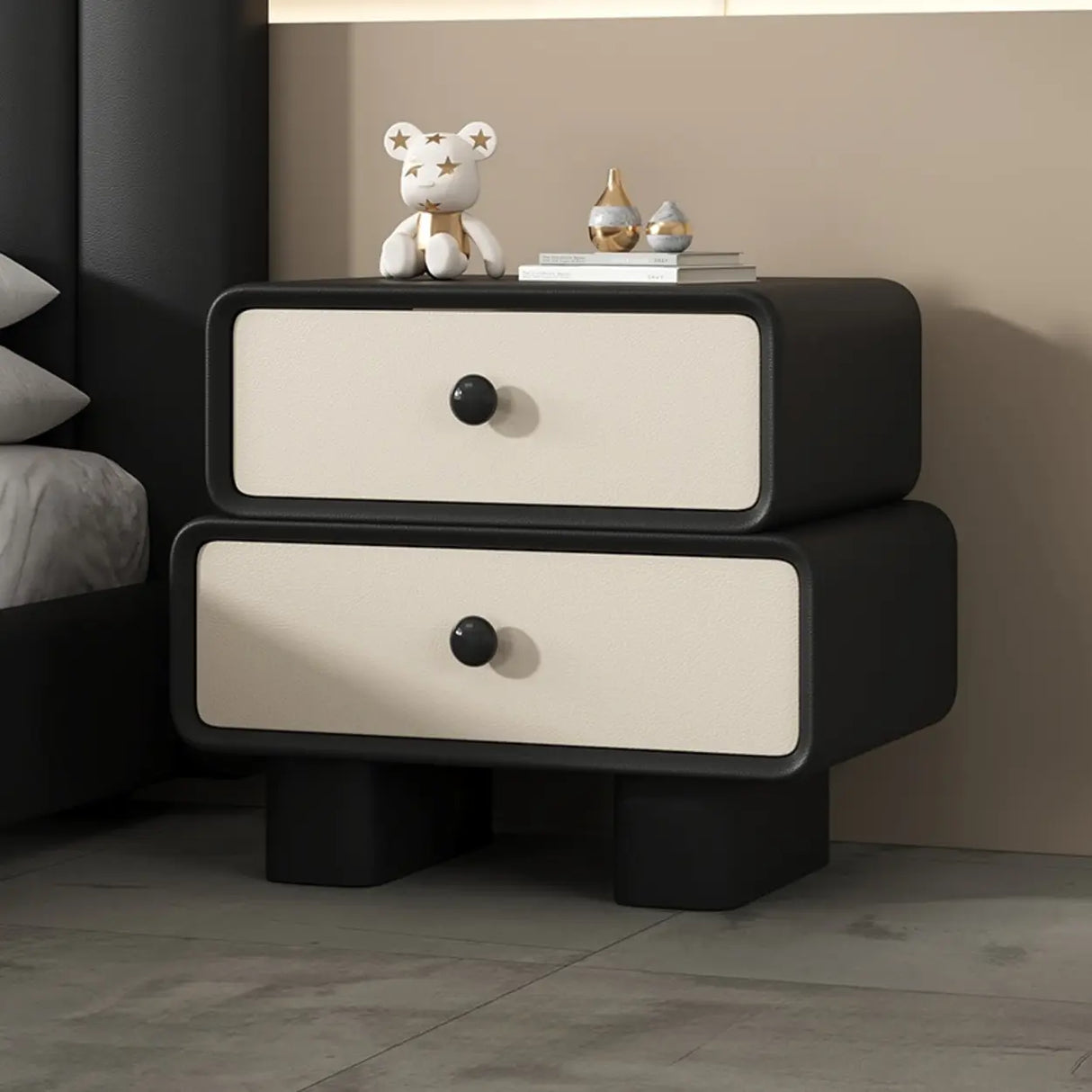 Modern Black Cream Leather 2-Tier Nightstand with Drawers Image - 2