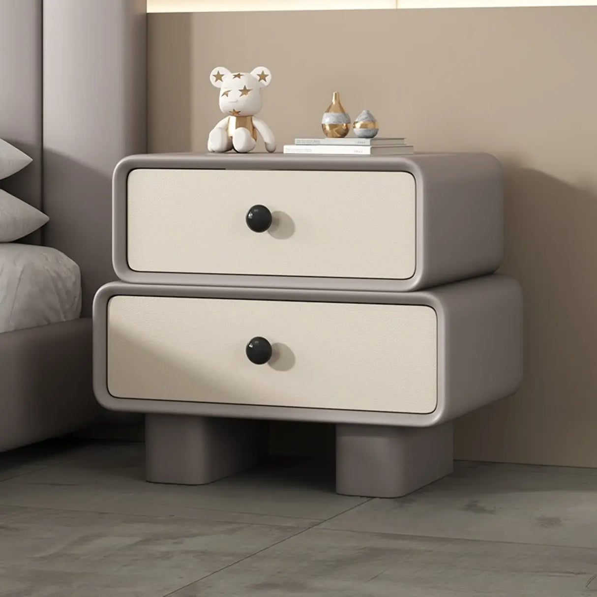 Modern Black Cream Leather 2-Tier Nightstand with Drawers Image - 3