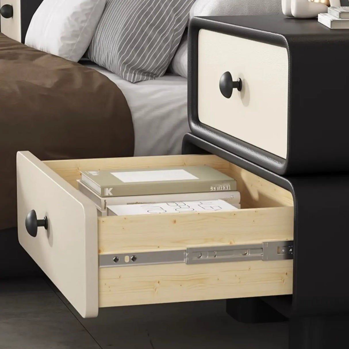 Modern Black Cream Leather 2-Tier Nightstand with Drawers Image - 4