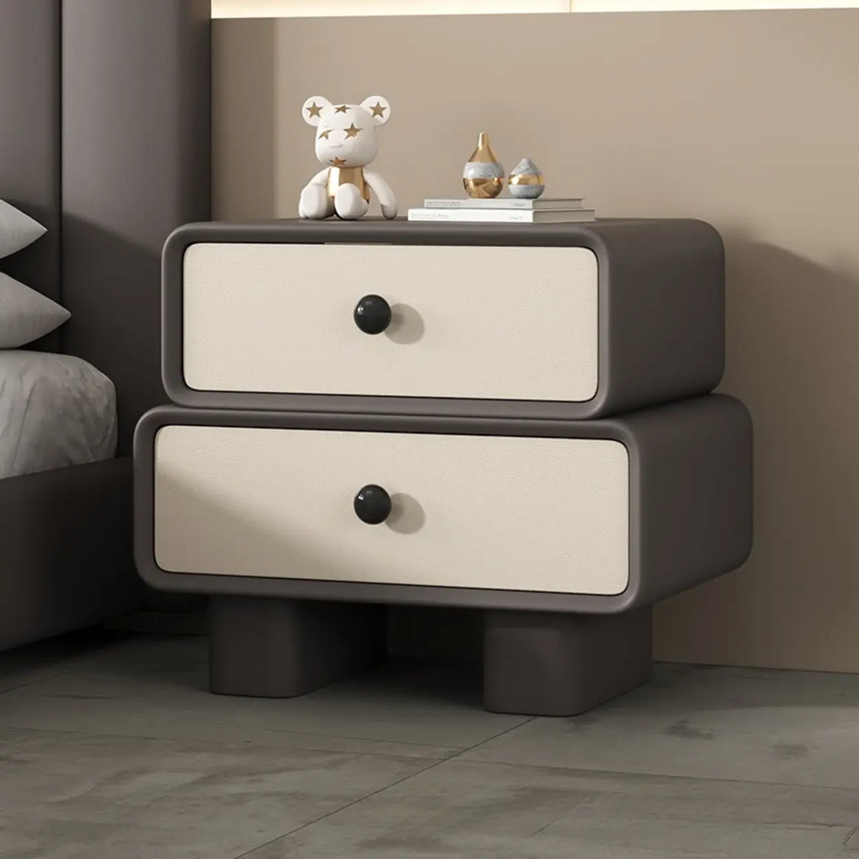 Modern Black Cream Leather 2-Tier Nightstand with Drawers Image - 5