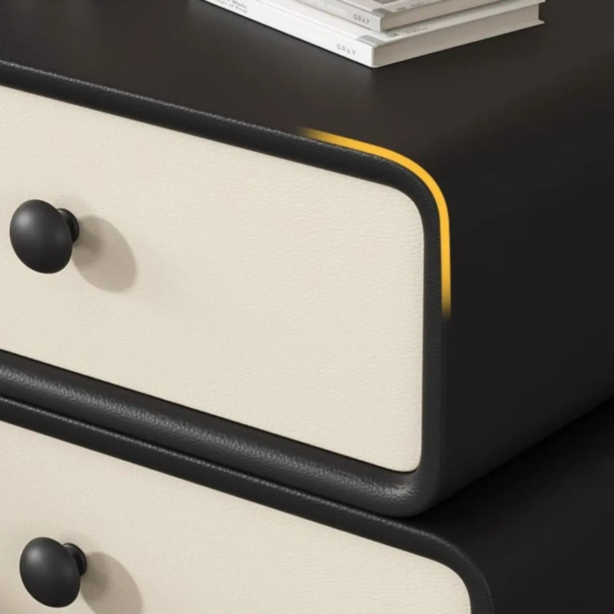 Modern Black Cream Leather 2-Tier Nightstand with Drawers Image - 6
