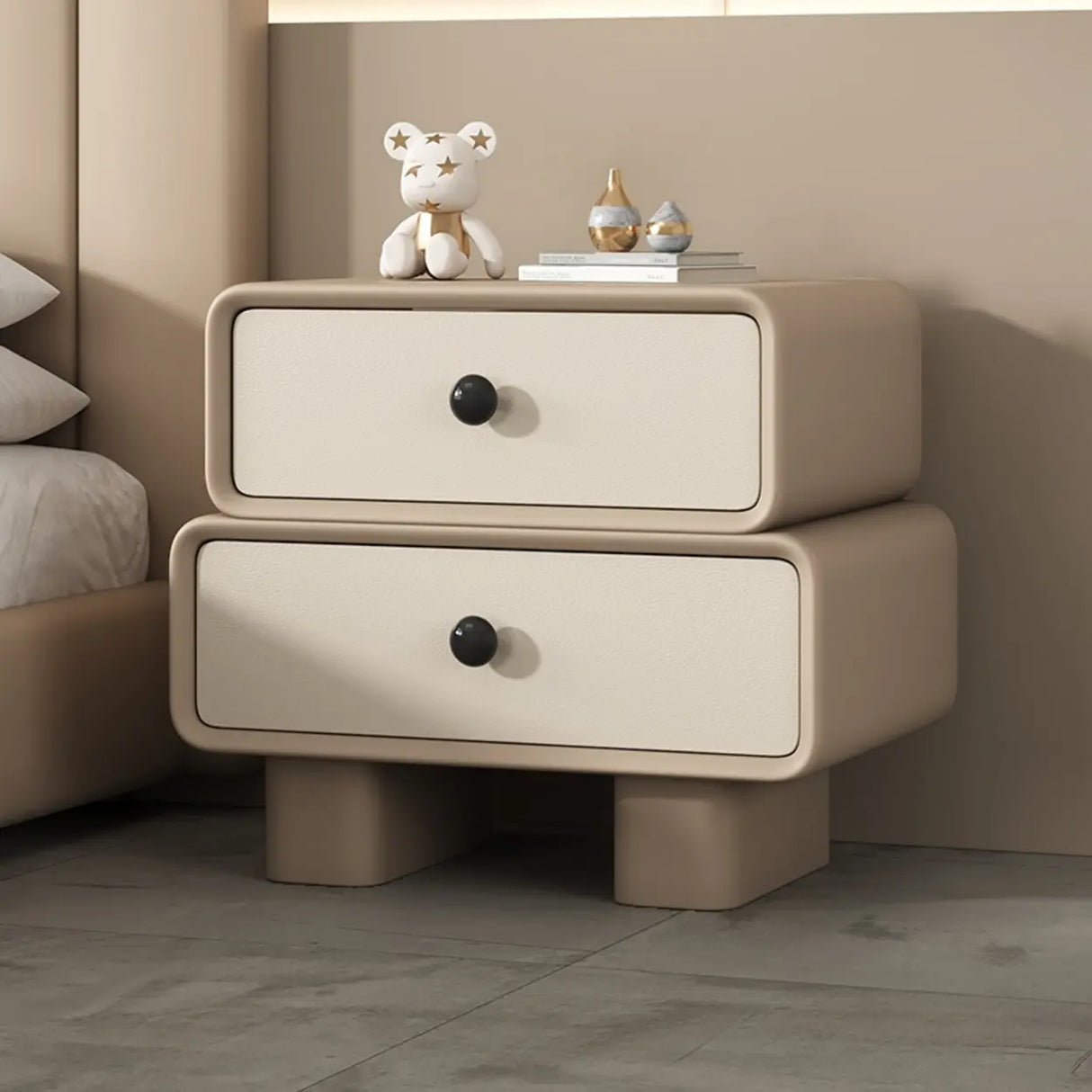 Modern Black Cream Leather 2-Tier Nightstand with Drawers Image - 7