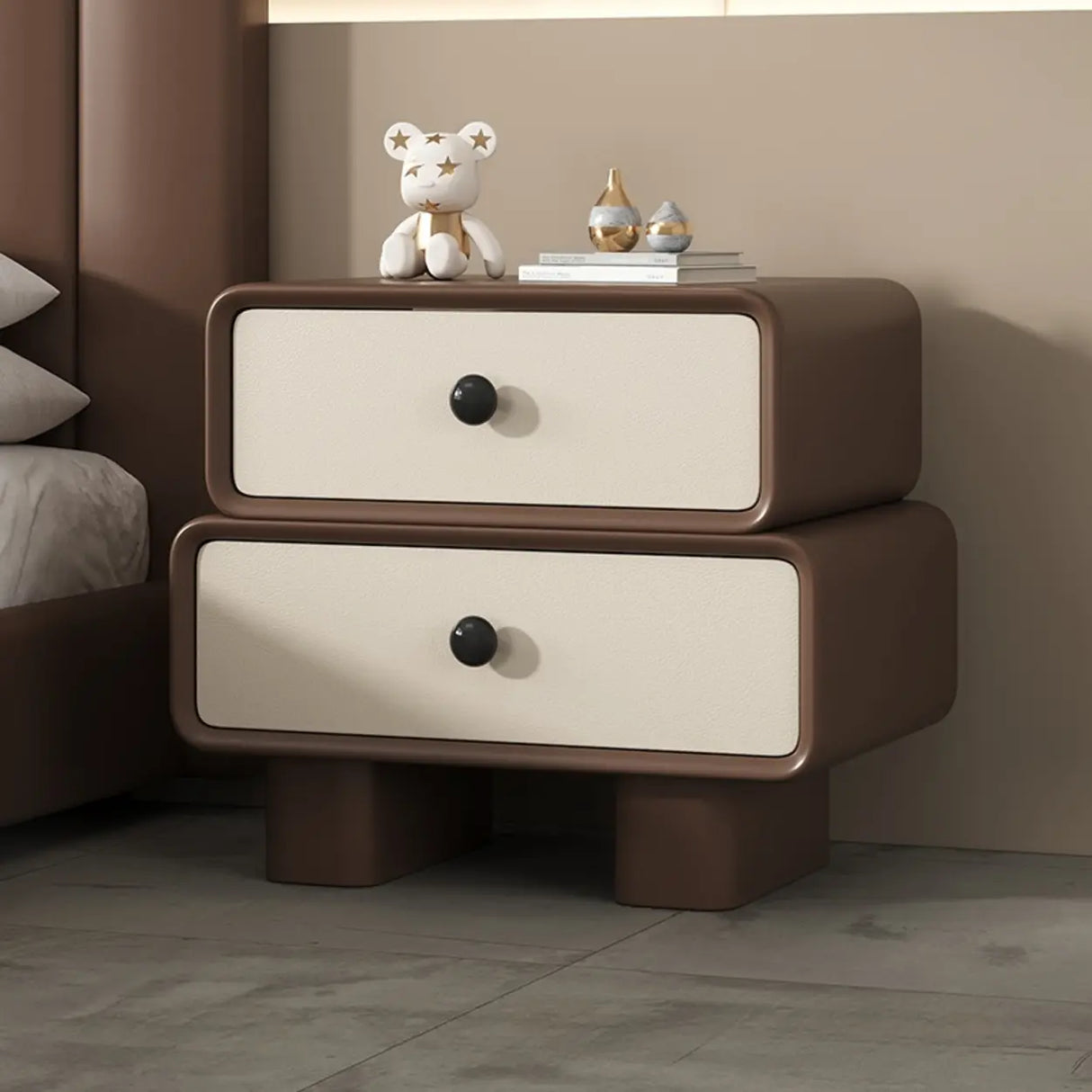 Modern Black Cream Leather 2-Tier Nightstand with Drawers Image - 9