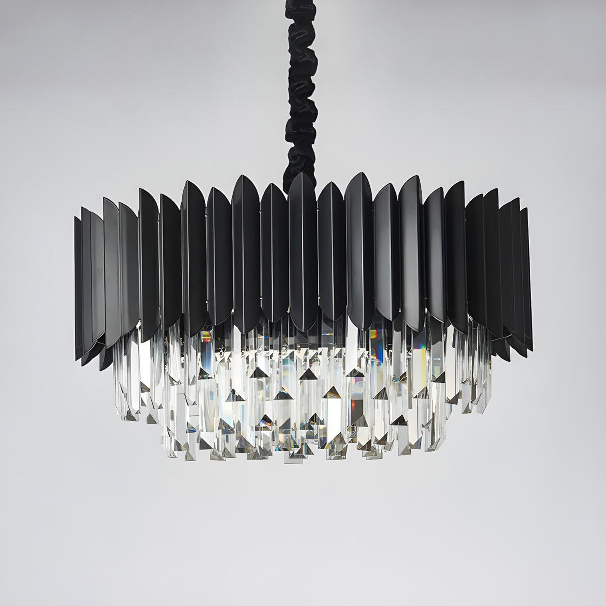 Modern Black Crystal Prisms Drum Hanging Chandelier Image - 3