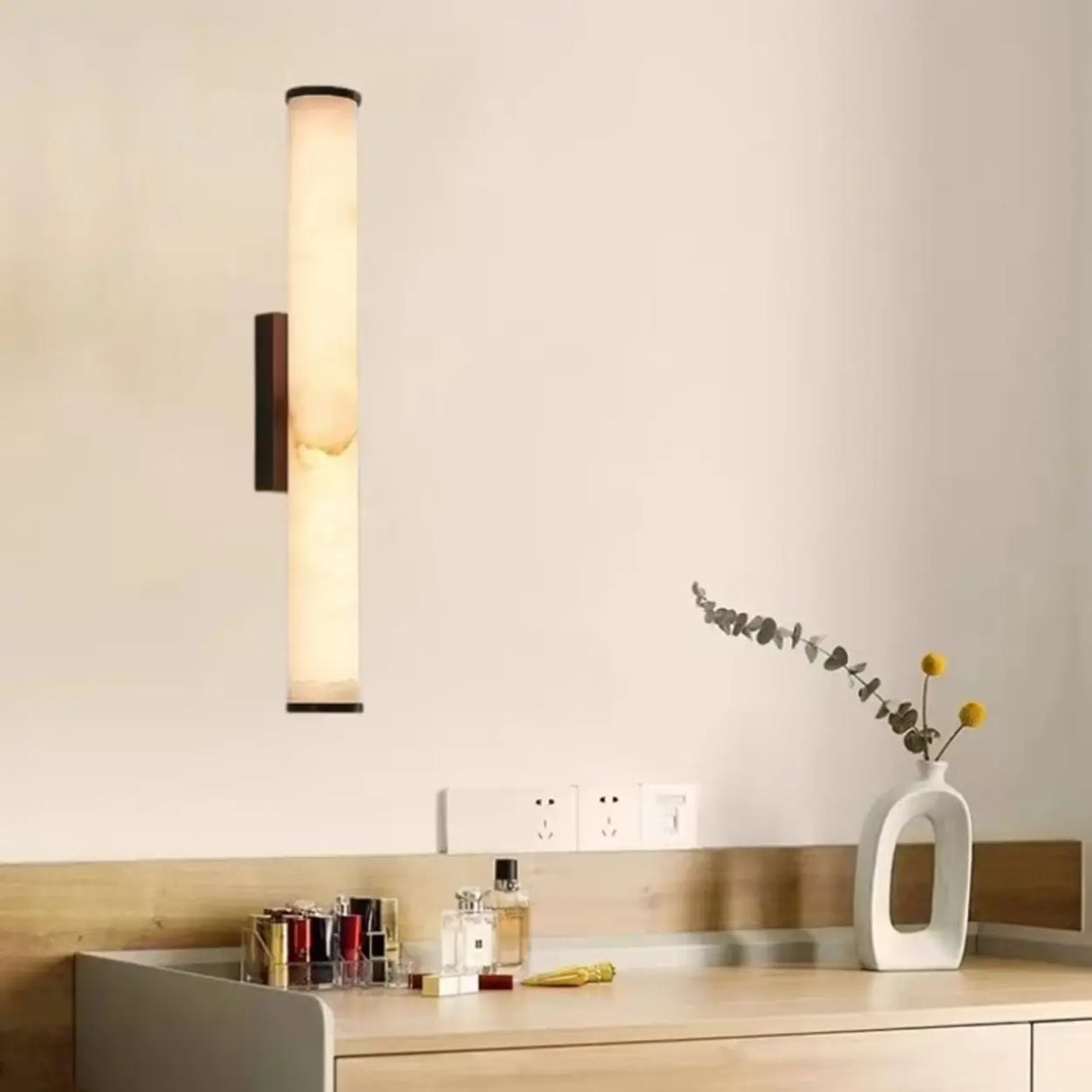 Modern Black Cylinder Alabaster LED Wall Sconce Image - 2