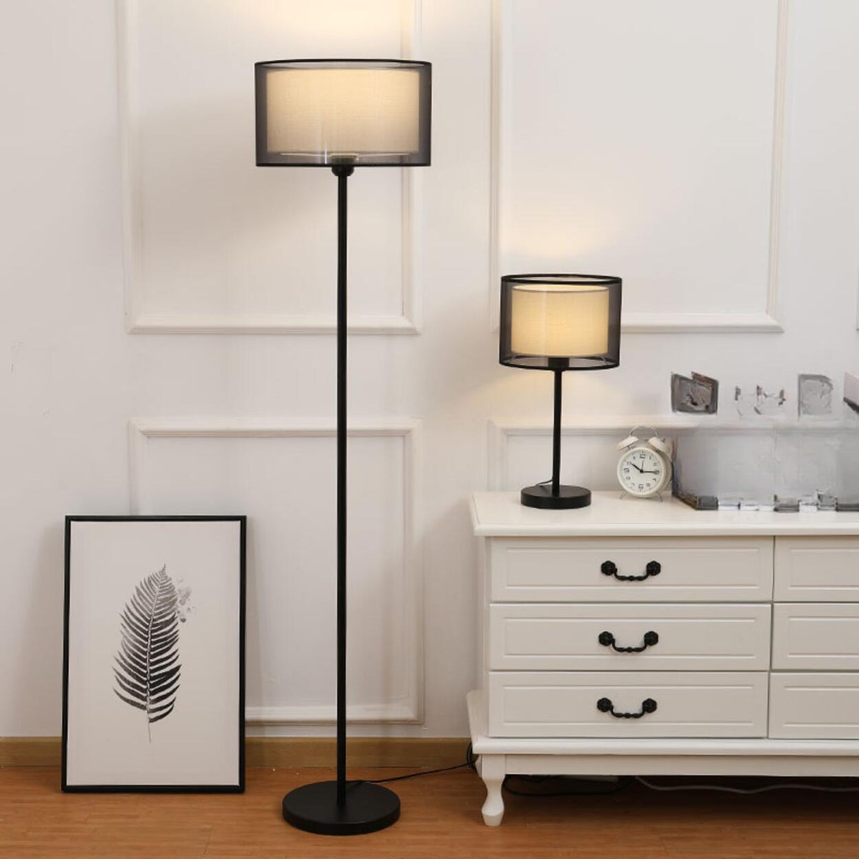 Modern Black Dual-Layered Fabric Drum Floor Lamp Image - 1