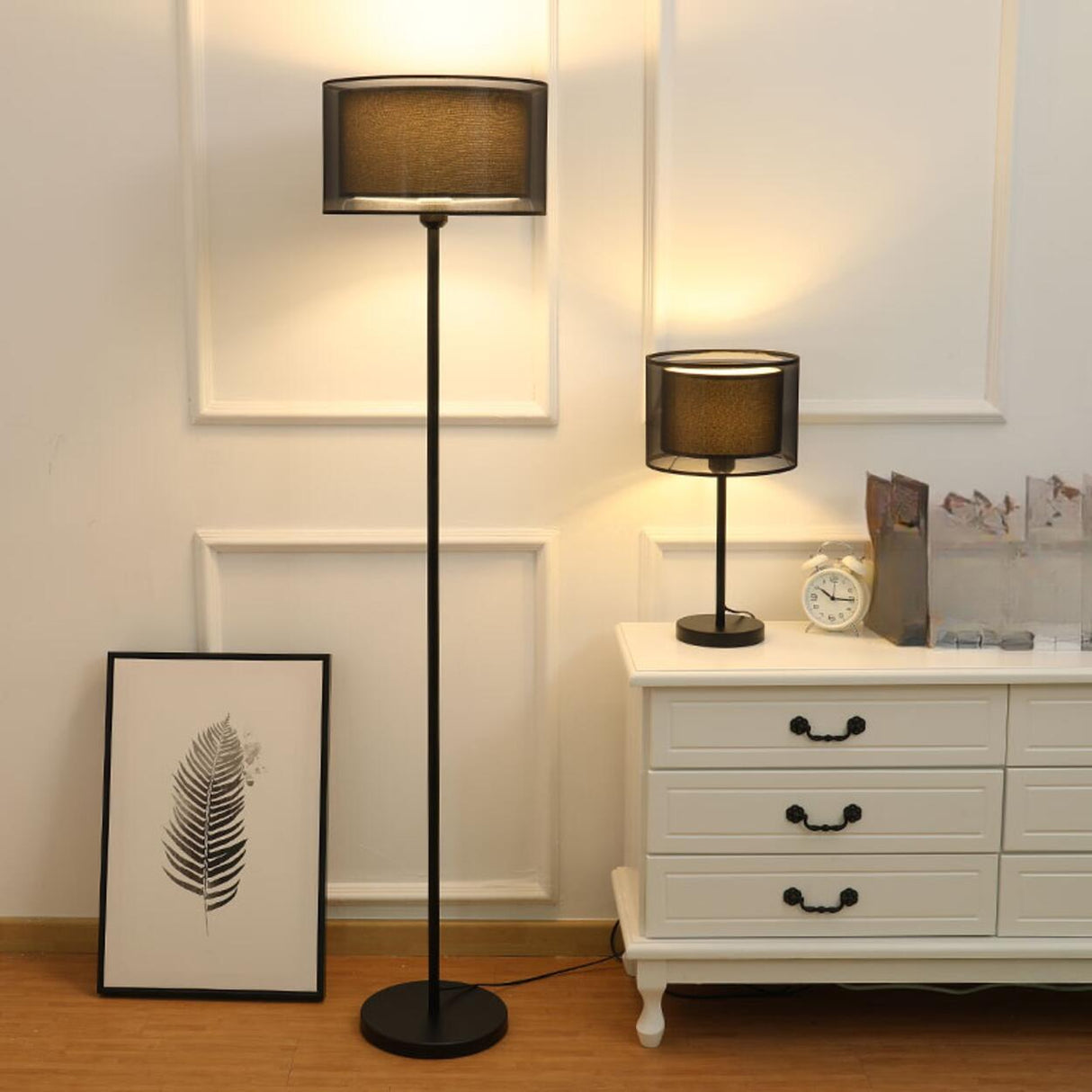 Modern Black Dual-Layered Fabric Drum Floor Lamp Image - 4