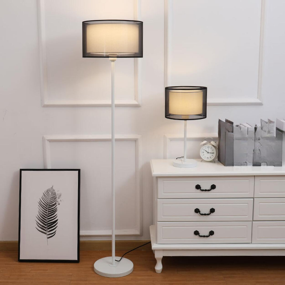 Modern Black Dual-Layered Fabric Drum Floor Lamp Image - 7