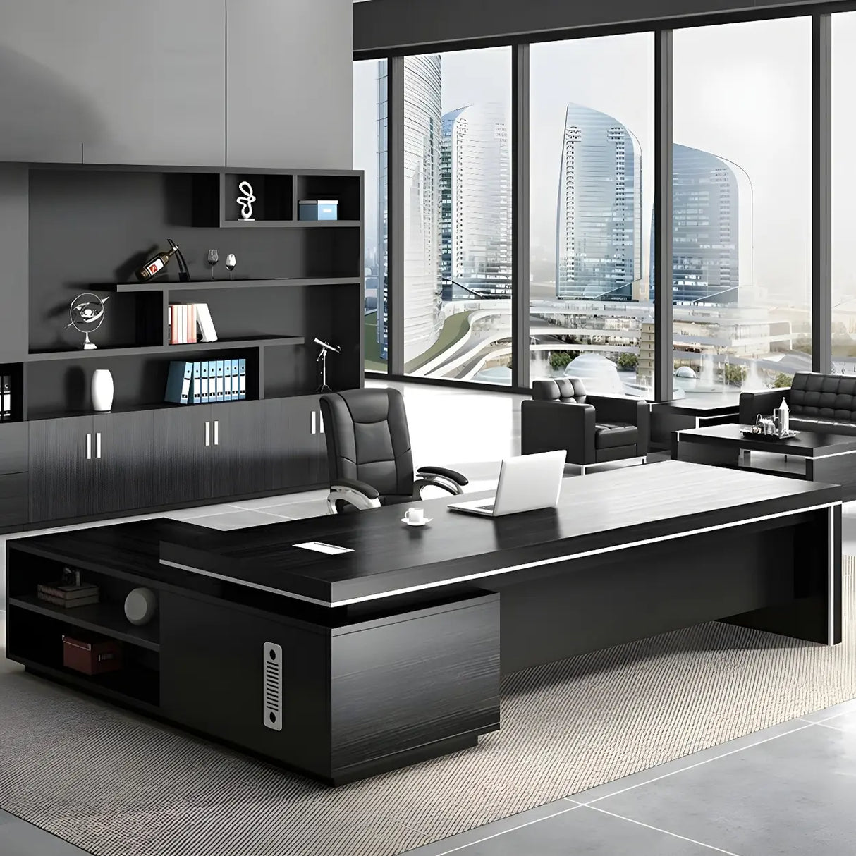 Modern Black Finish Wooden L-Shape Executive Desk Image - 1